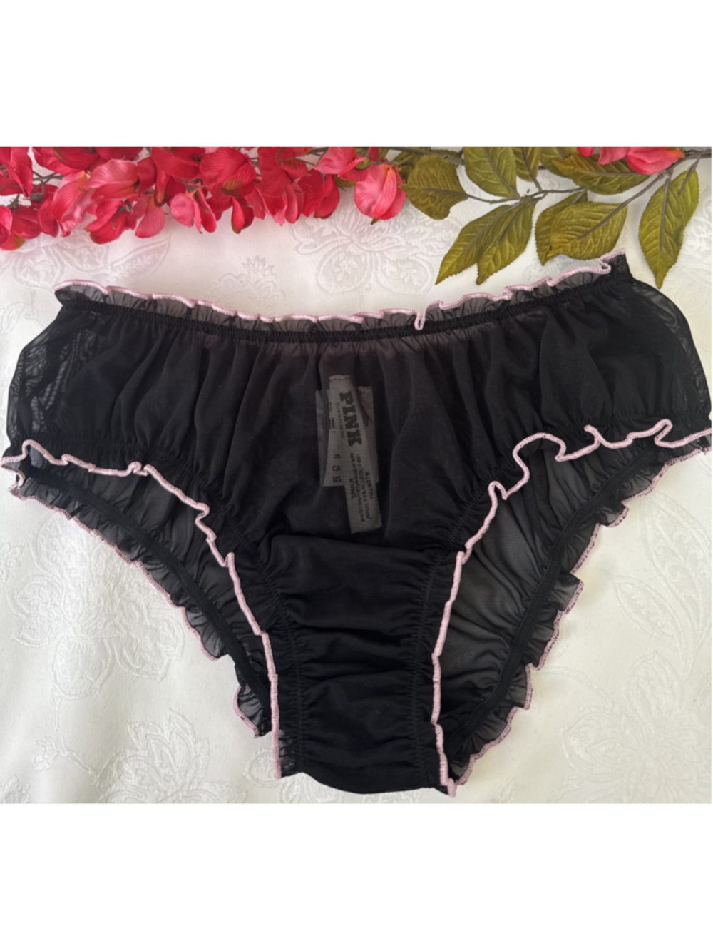 VICTORIA'S SECRET S BLACK PINK PUCKERED RUFFLE MESH SISSY CHEEKY PANTIES NWT